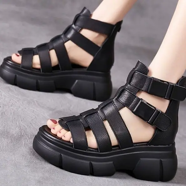 Handmade Genuine PU Leather Retro Shoes Women Sandals 2023 New Ankle Boots Summer Handmade Hollow-out Casual Platform Sandals