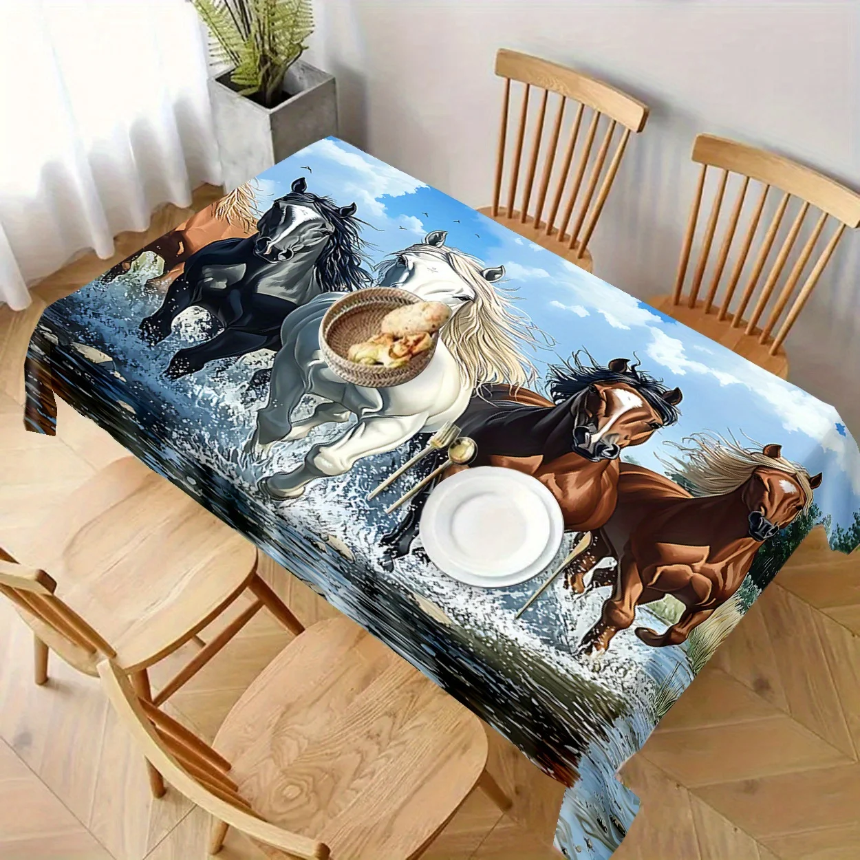 Mantel de poliéster con estampado de caballos galopantes, impresión Digital HD sin arrugas, para cumpleaños, inauguración de la casa, aniversario, 1 ud.