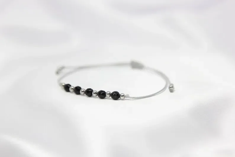 Faceted Black Onyx Crystal Yoga Slide Bracelet Hippie Thread Gemstones