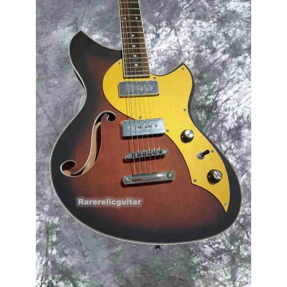 Single F Hole Matte Tobacco Sunburst Electric Semi Hollow Guitar Novo Gold Glitter Pickguard Dot Inlays,bone Binding Black P90