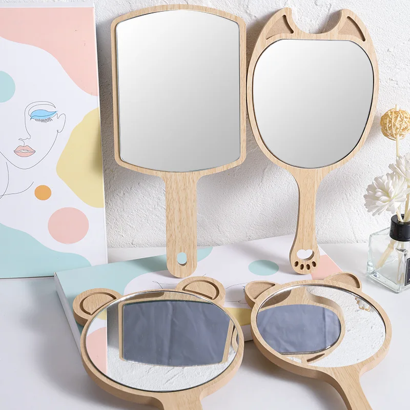 Miroir à main en bois naturel pour enfants, freins pour enfants, miroirs de maquillage avec poignée, portable, compact, vanité