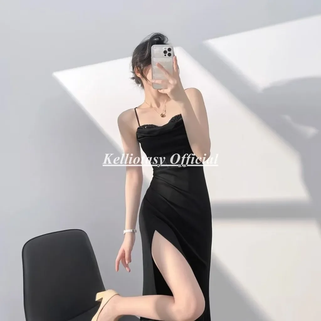 Vestido de noite sereia preto personalizado, alça espaguete, divisão aberta, sexy, vestidos de ocasião não formal para mulheres mxy 241204