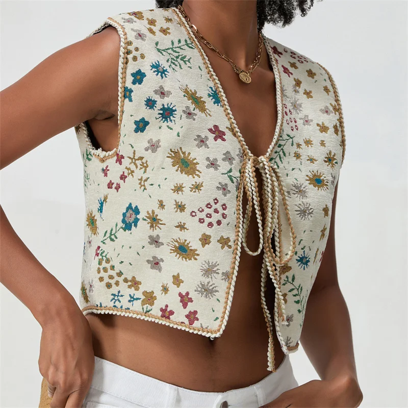 

Woman Bohemia Vintage Floral Print Vest Top V Neck Tie Front y2K Vest Top Colorful Rope Trim Sleeveless Coat Crochet Vest