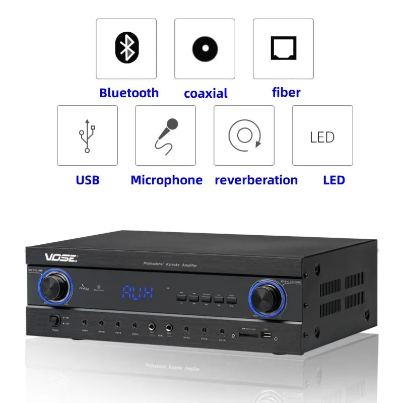 MJ-80 Bluetooth 5.0 420W*2 2.0 Channel Stereo HIFI AV Stage Home KARAOKE KTV Audio Amplifier With USB Fiber Coaxial Microphone