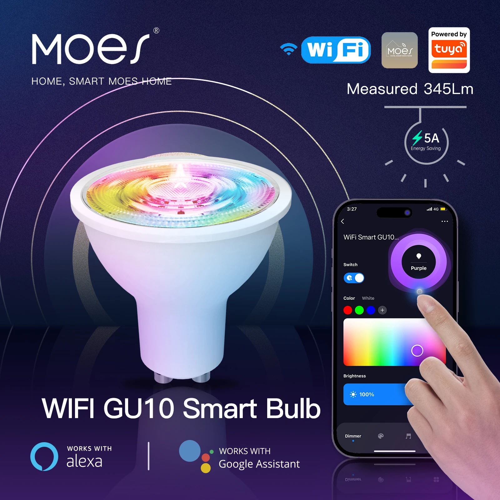 MOES WiFi GU10 Smart Spotlight RGB CCT Dimmable 345LM Timer Voice Control Work with Alexa Google Home Tuya Smart Life