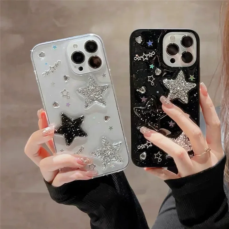 Black 3D Sparkling Pink Star Phone Case for Iphone 15 14 13 12 11 Pro Max X XR XSMAX 7 8 Plus SE TPU Case Cover New Products