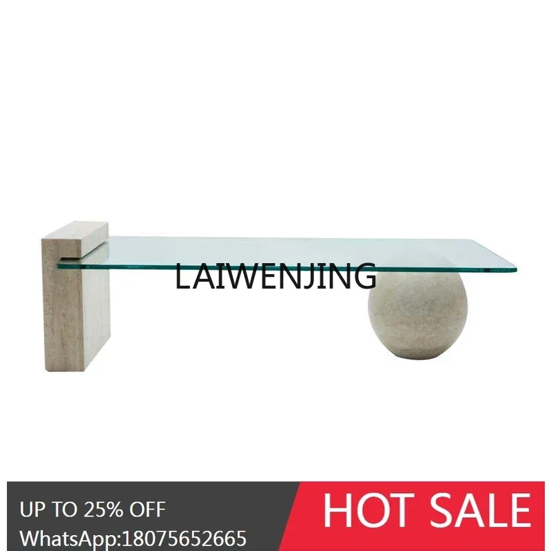 

MJY minimalist natural travertine spherical legs coffee table transparent tempered glass small apartment low table
