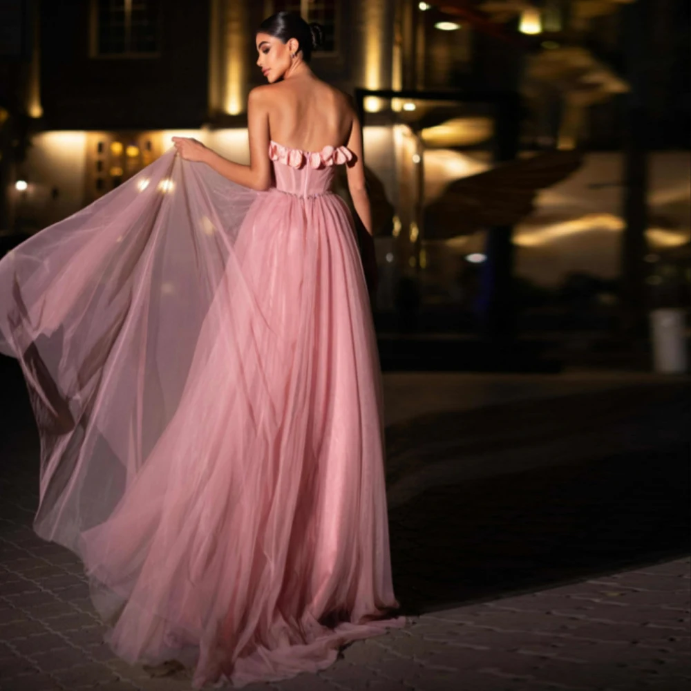 Customized 3D Flower Strapless Evening Dresses Beaded A Line Tulle Formal Gown Illusion Bohemian Summer Wedding Party Gowns