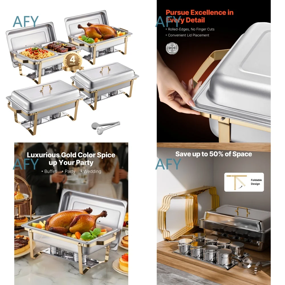 Juego de 4 Recipientes para Buffet de Acero Inoxidable con 2 Recipientes Rectangulares Grandes y 4 Recipientes Rectangulares Pequeños, Calentador de Alimentos para Catering