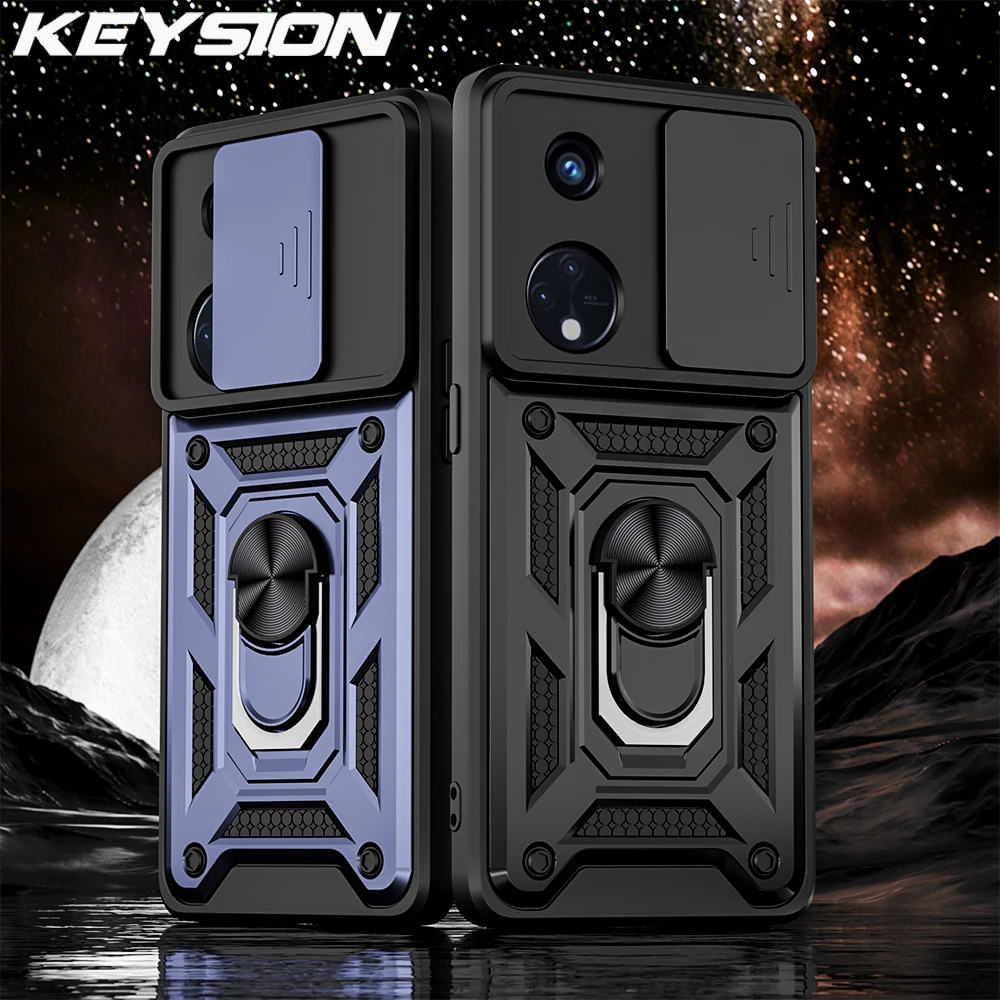 KEYSION Shockproof Armor Case for OPPO Reno8 T 5G Slide Camera Lens Protection Ring Stand Phone Back Cover for OPPO Reno 8T 4G