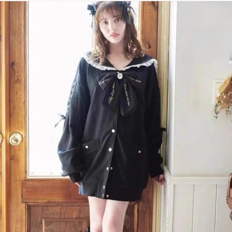 Japanese Liz Jackets Women Mine Mass-Produced Sailor Collar Ribbon Bow Hoodies Women Autumn Sweet Y2K Cute Oversized Sweatshirt