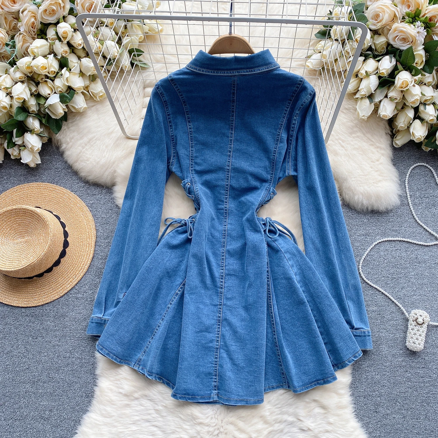 Women Single Breasted Denim Dresses Retro Waist Slimming Temperament Turn-down Collar Bandage Slim Short Jeans Dresses