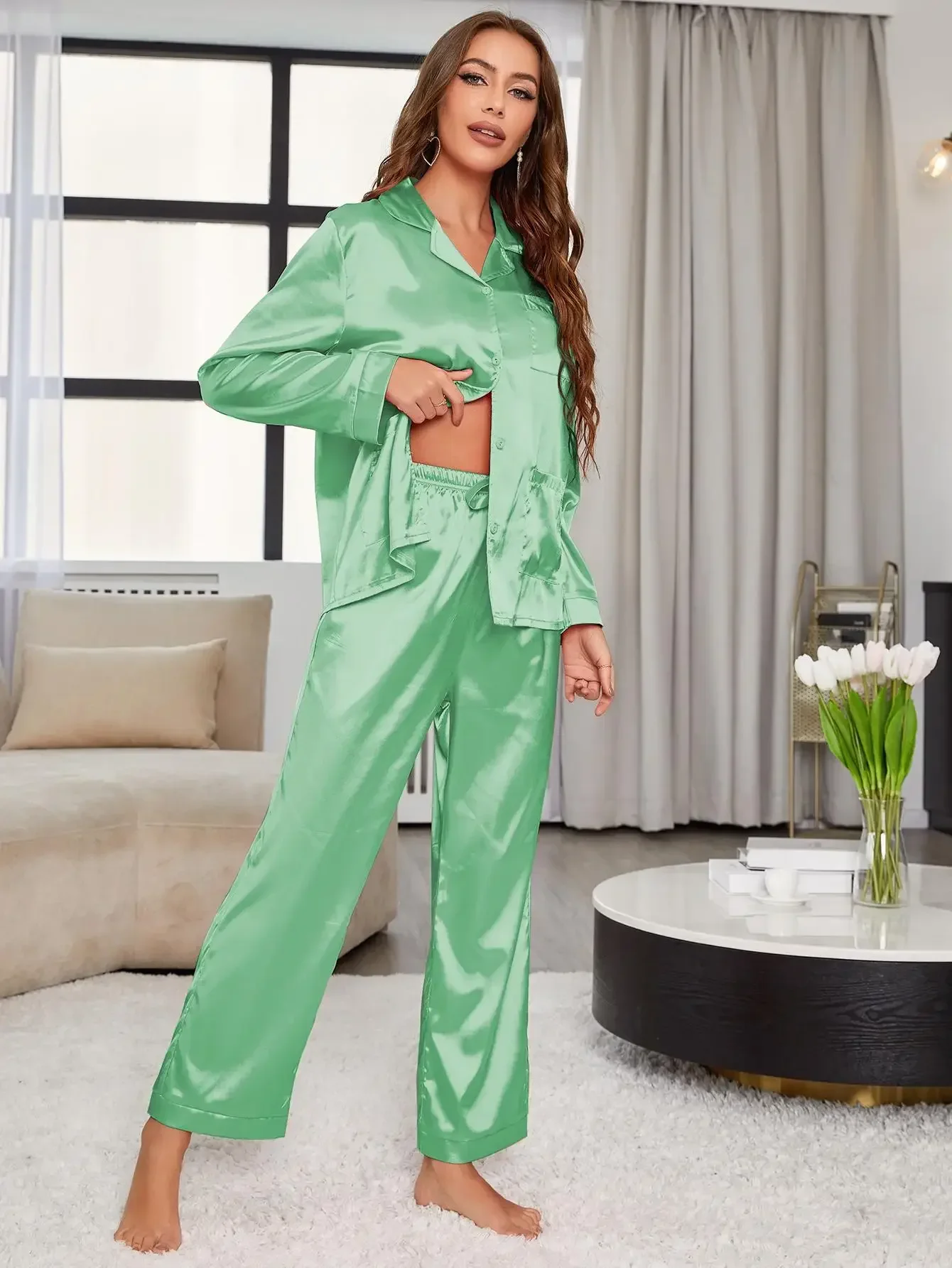 Silk Satin Women Pajama Set Long Sleeve Front Button Top & Wide Leg Pants Sleepwear 2 Pieces Female Nightwear Homewear Cloth