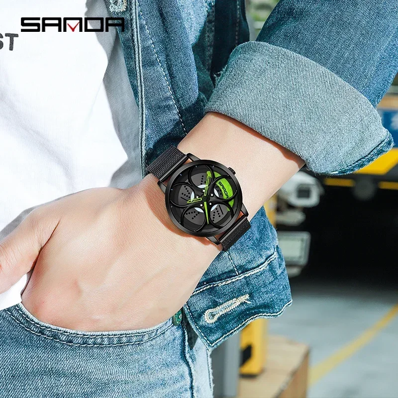 SANDA P1070 Top Brand New Model Car Wheel Rim Hub Zegarki Mężczyźni Super Zegarek Kwarcowe Zegarki Na Rękę Ze Stali Nierdzewnej Relogio Masculino