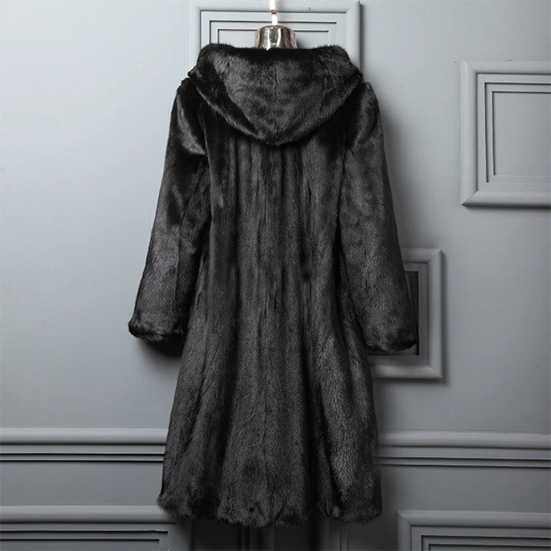 Winter Luxury Long Black Brown Faux Mink Fur Coat Women with Hooded Long Sleeve Elegant Thick Warm Fluffy Furry Jacket