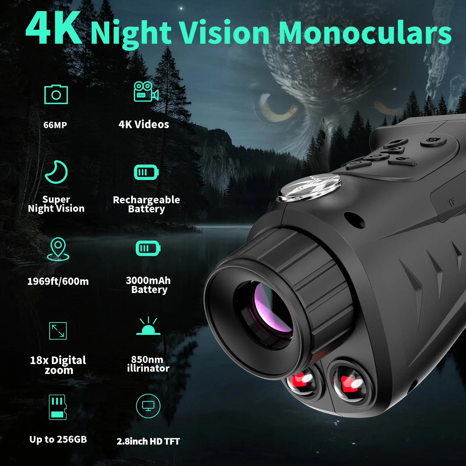

Single tube night vision telescope, equipped with a 2.8-inch ultra high definition screen, 18X zoom, and a 3000mAh battery, suit