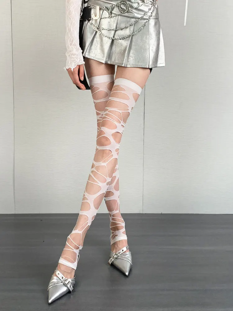 Women Ripped Fishnet Thigh High Stockings Black White Cutout Over Knee Long Socks Stretch Y2K Punk Party Club Streetwear Outfits