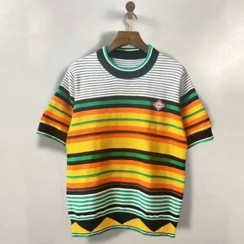 

25ss Rainbow Striped Printed CASA Casual Knitted Shirt Men Women Embroidered Logo Pure Cotton T Shirt With Tags