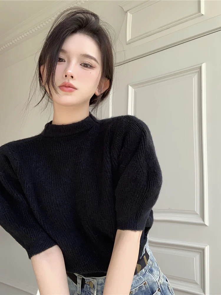 New Fashion Puff Short Sleeve Turtleneck Pullover Top Chic 2023 Spring Solid Pullovers Korean Women Knitted Sweaters