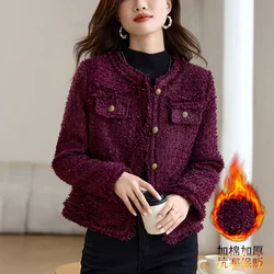 Autumn Winter Women Single Breasted Slim Short Jacket High Quality Fashion Tassel Thicken Cotton-padded Purple Red Tweed Jacket