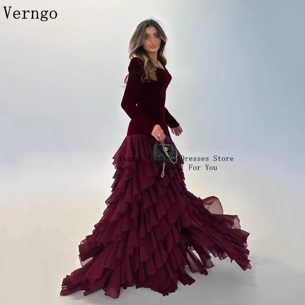 

Verngo Burgundy Bordeaux Evening Dress O Neck Full Sleeves Tiered Prom Gown Arabic Formal Occasion Dresses Customized