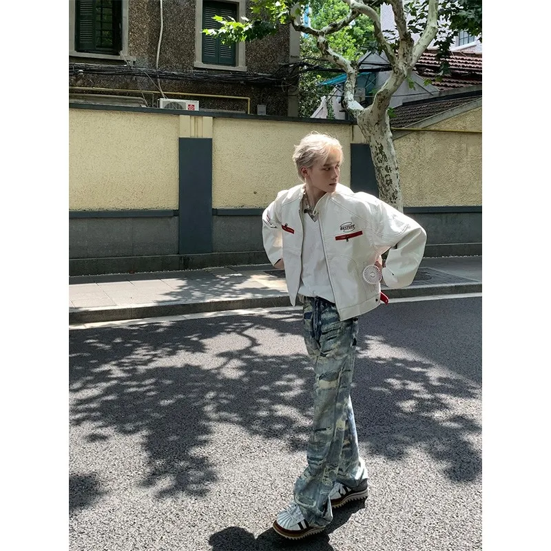 سترة جلدية للسباق من American High Street للرجال من Street Sle فضفاضة ومطرزة راقية ومطرزة للدراجات النارية للشباب #4