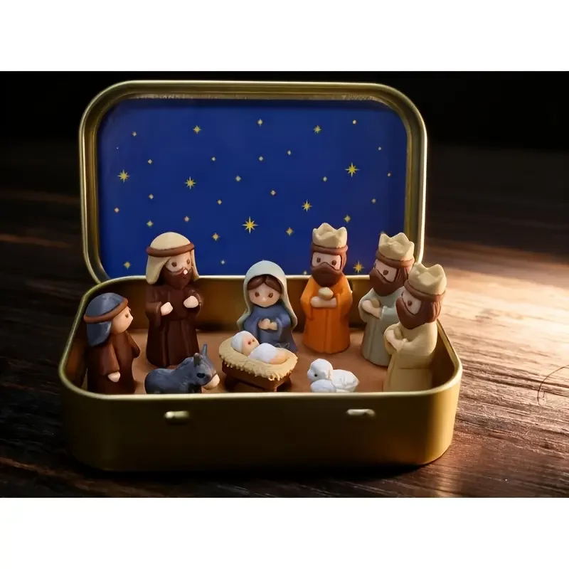 Handmade Mini Christmas Manger Set (Iron Box) - Portable Pocket Size Religious Decorations Manger Set with Mary, Jesus, Shepherd and Animal Statues, Hand Painted, Perfect for Easter, Christmas Gifts, Christmas
