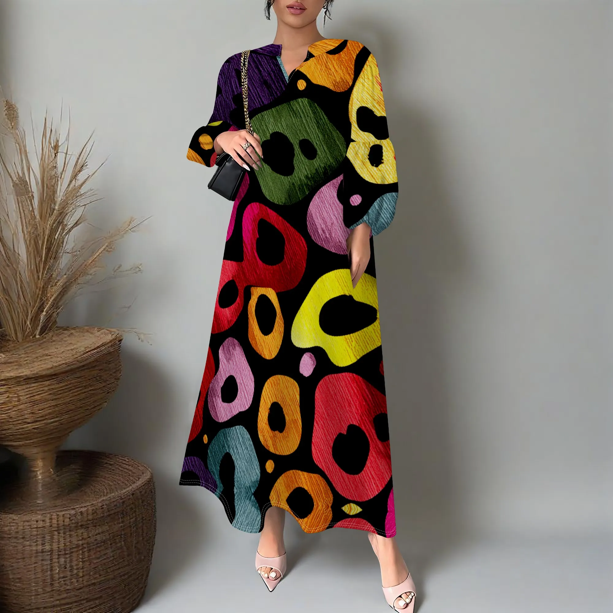 

Pop Art Leopard Maxi Dress XS‑3XL V‑Neck Long Sleeve Loose Fit for Pride Event, Club Night or Artistic Street Fashion