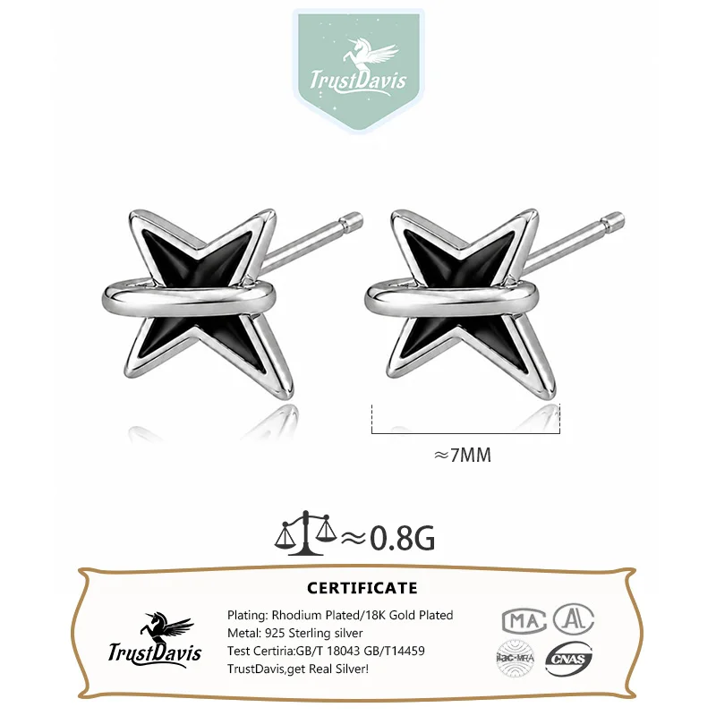 Trustdavis Real 925 Silver Fashion and Minimalist Black Four-pointed Star Stud Earrings for Women Fine Nice Jewelry Gifts DS4936