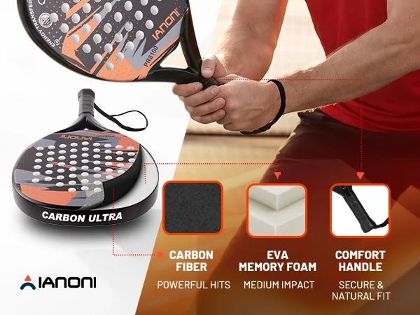 IANONI 8100 ORANGE Padel Racket Carbon Fiber Surface with EVA Memory Flex Foam Core Lightweight Padel Racquet
