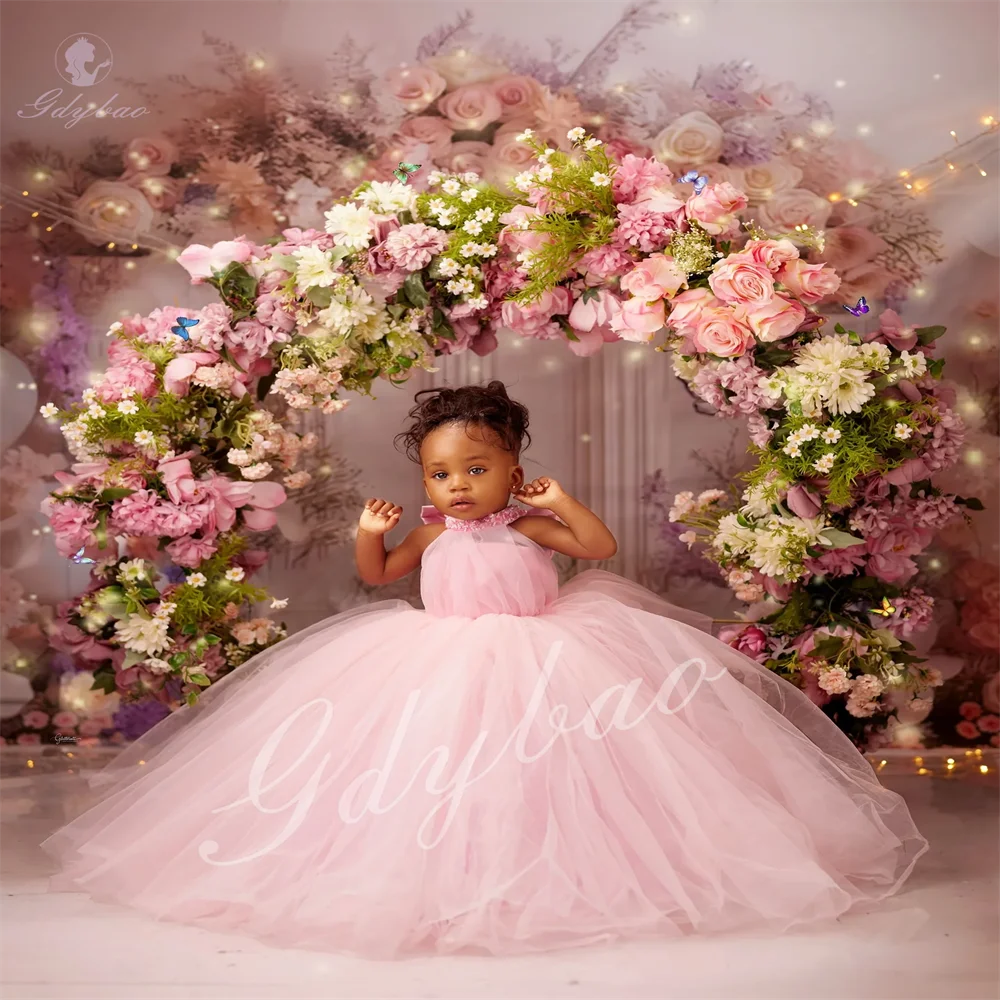 

Розовые милые платья для девочек на день рождения, пышные платья принцессы с бантом для девочек-цветочниц, свадебная вечеринка, официальное мероприятие для фотосессии