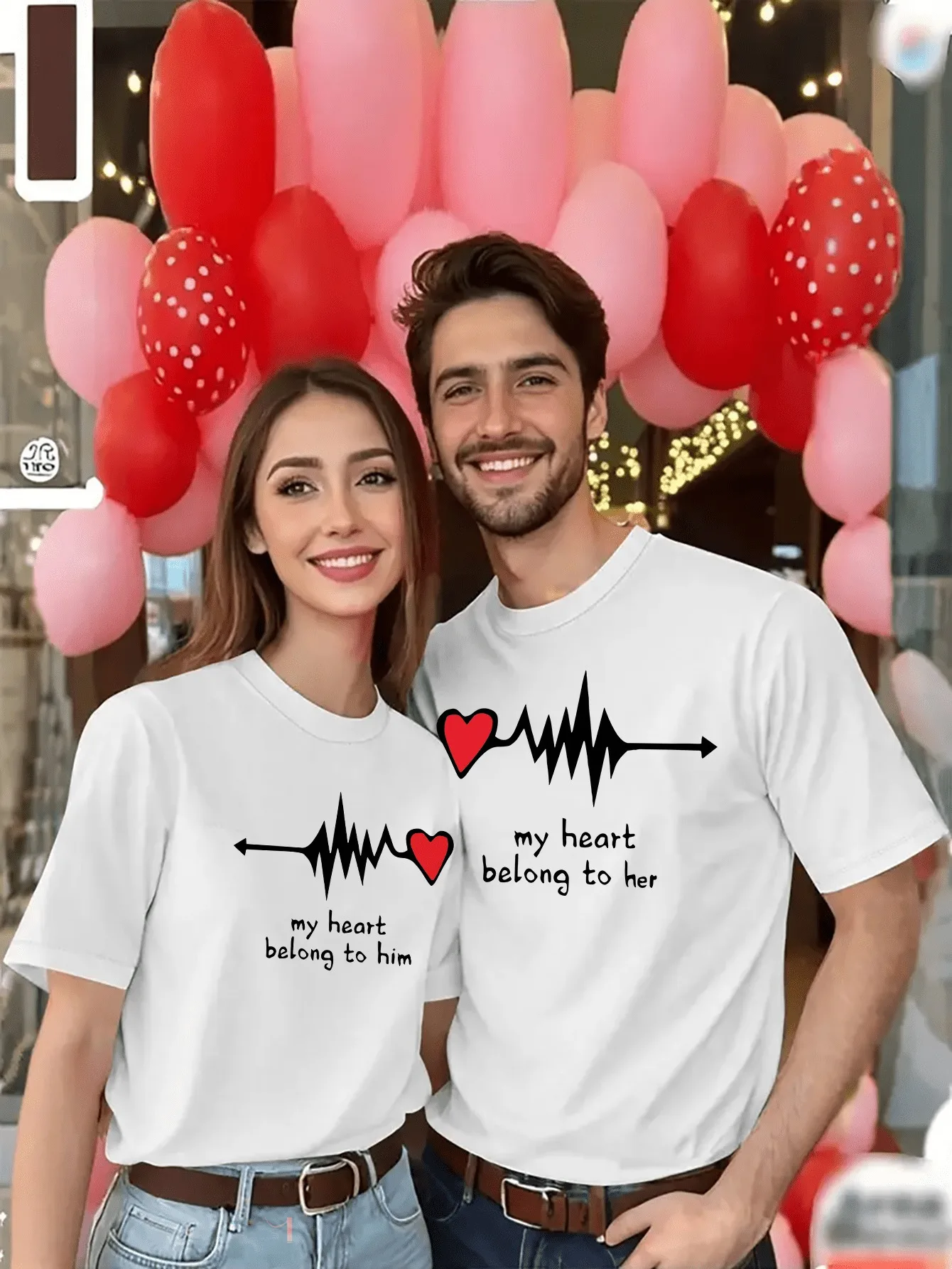 

1pc Romantic Couple Matching T-Shirt - "My Heart Belongs to Him & Her" Heartbeat Graphic Print, , Valentine's Day Gift