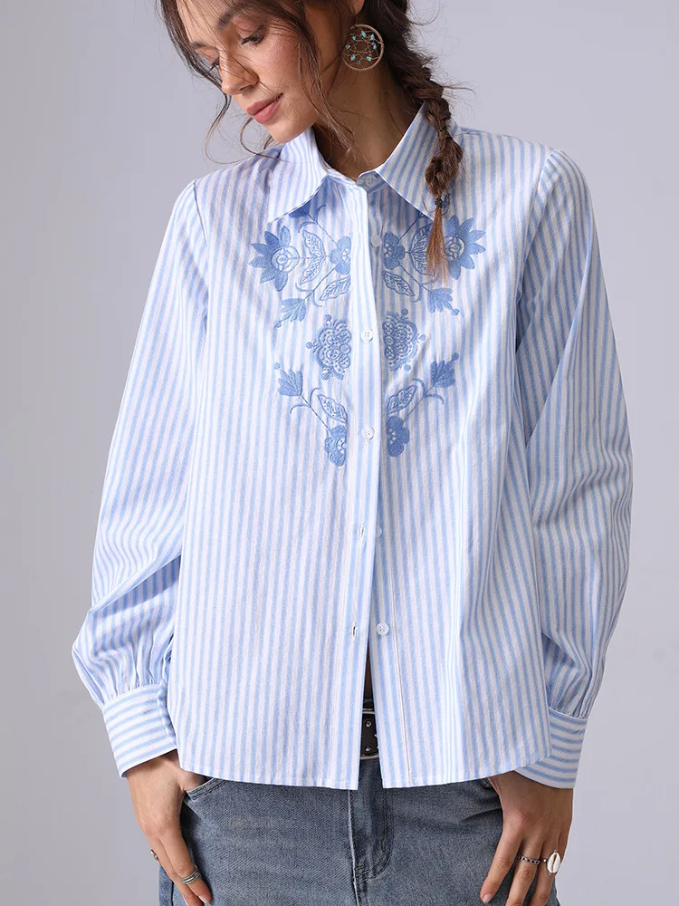 

Boho Flower Embroidery Blue Vertical Striped Shirt Tops 2025 Spring And Summer Long-sleeve Loose Women's Shirt Blouse