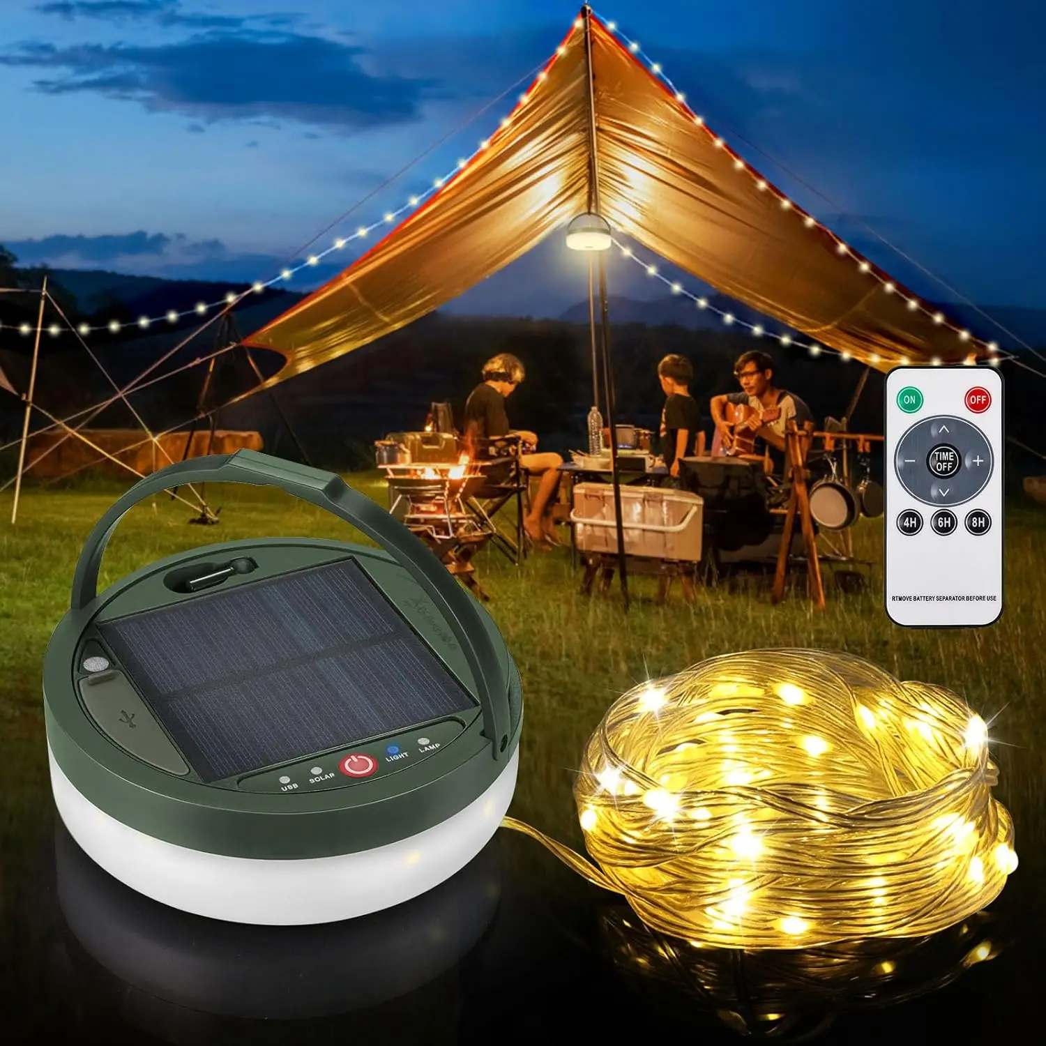 Solar Camping String Lights 4 in 1: 39.4Ft 150LEDs, 3600mAh Outdoor Lights with Remote, USB Rechargeable for Hiking