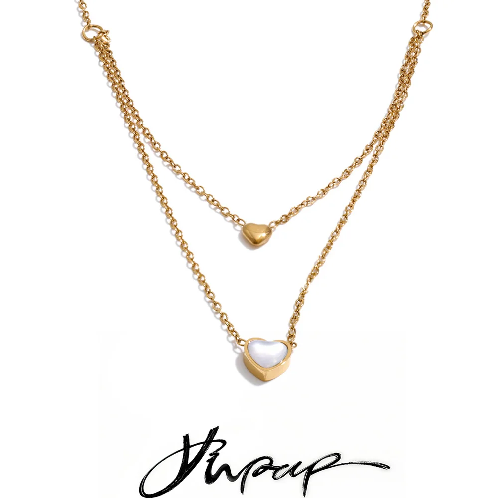 Yhpup Doppelschichtige Herz-Tropfen-Halskette aus Edelstahl mit natürlicher Muschel, Valentinstagsgeschenk, exquisiter, charmanter koreanischer Schmuck