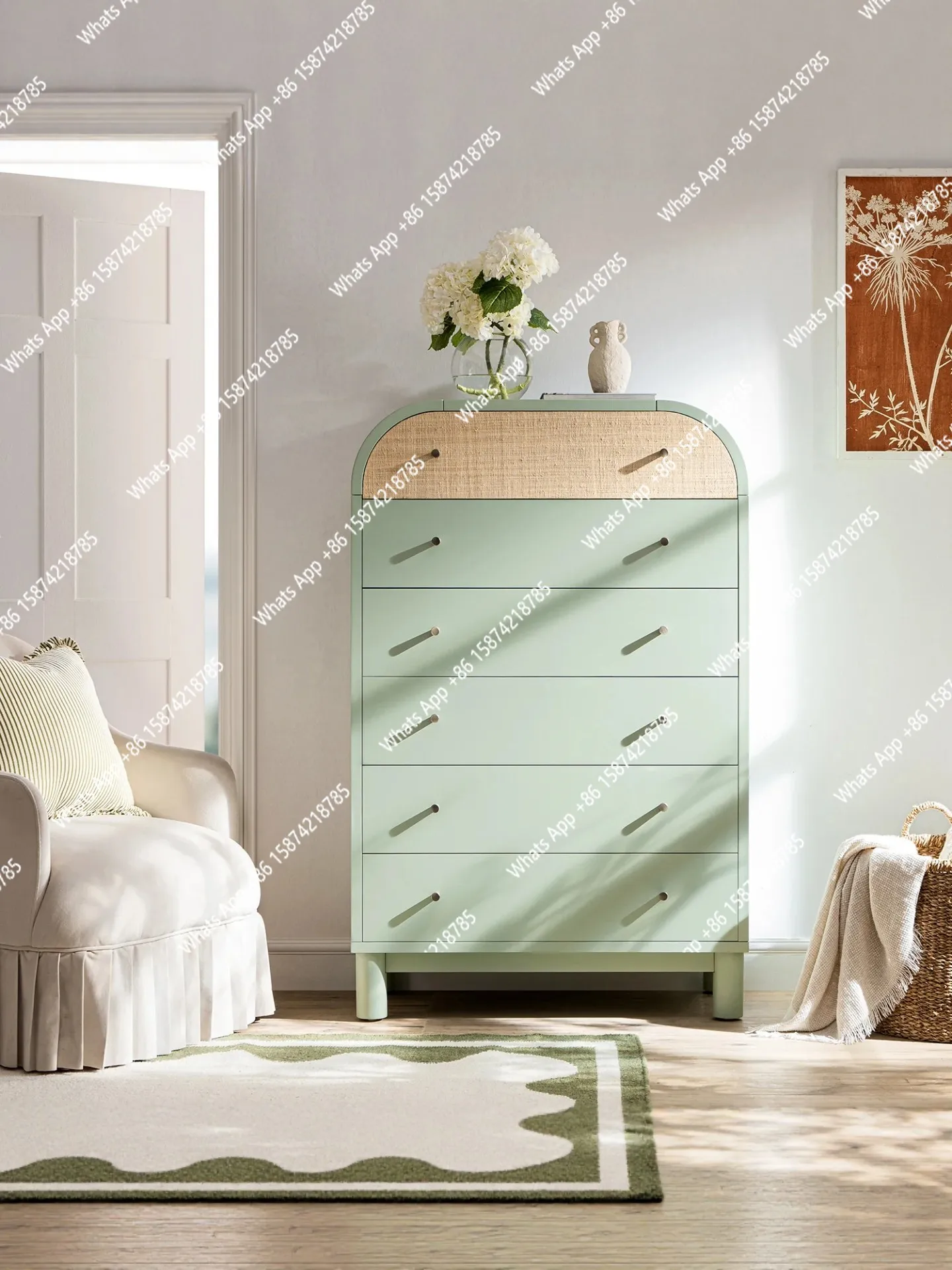 

Mint green linen solid wood six-chest cabinet medium antique ash wood decorative bedside locker bedroom decorative cabinet