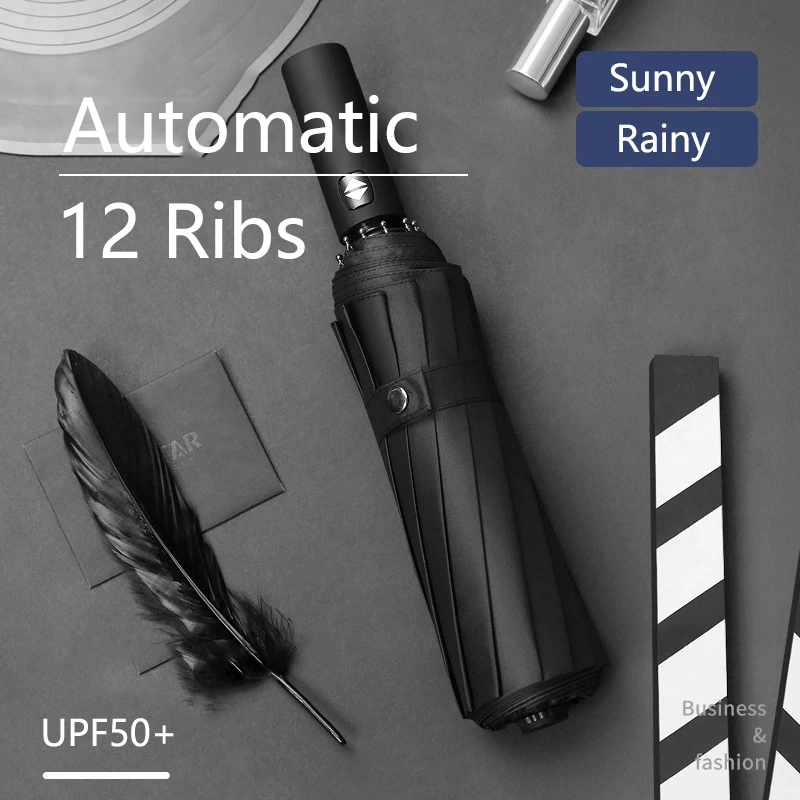 New 12 Ribs Automatic Umbrella Rain Wind Resistant Sun Umbrellas Black Coating Umbrella Parasol Portable UV Folding Umbrellas