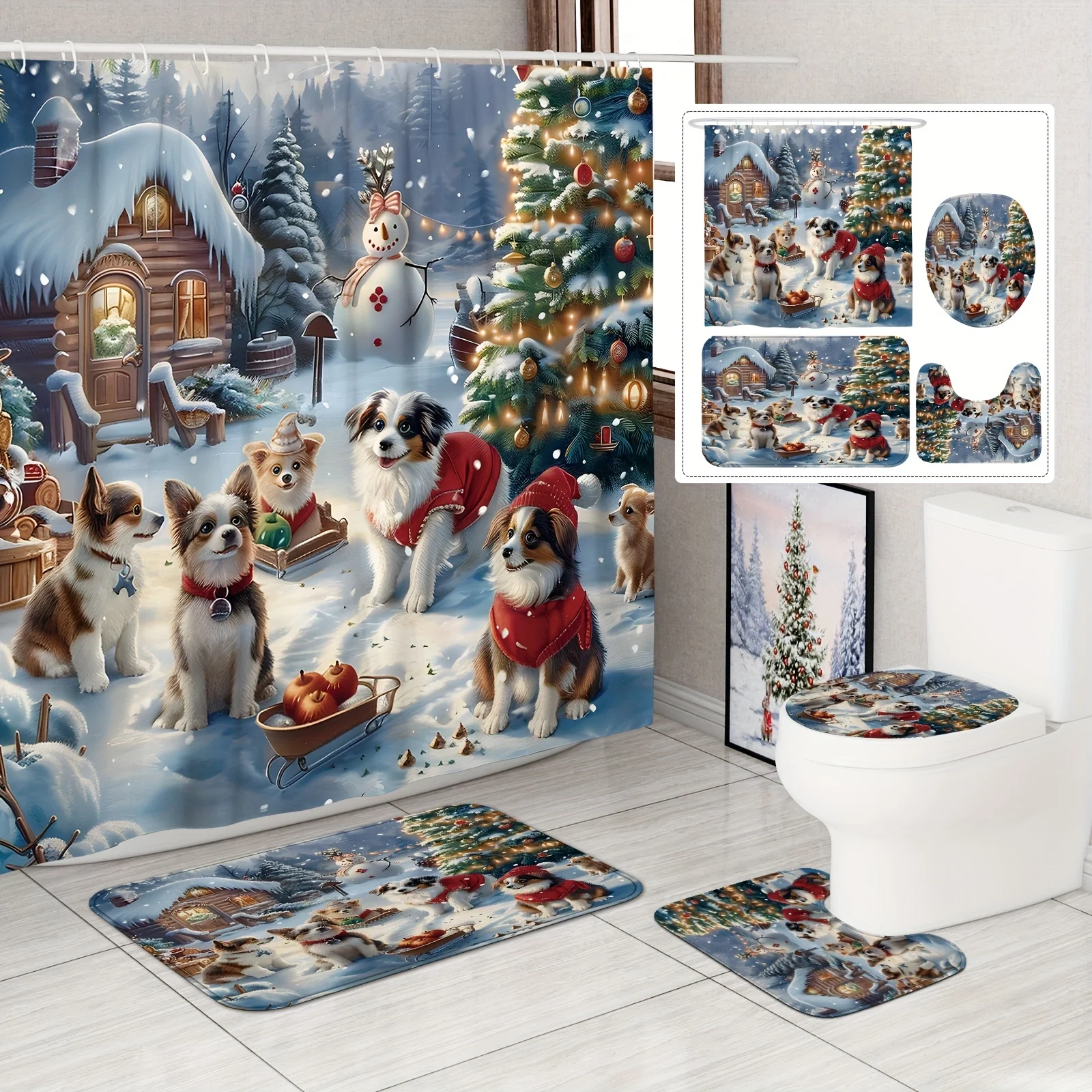 4Pcs Xmas Shower Set,Funny Snowman Dog Tree, Red Green Design, Holiday Home Decor, 12 Hooks, Non-Slip Mat, U-Shaped Toilet Cover
