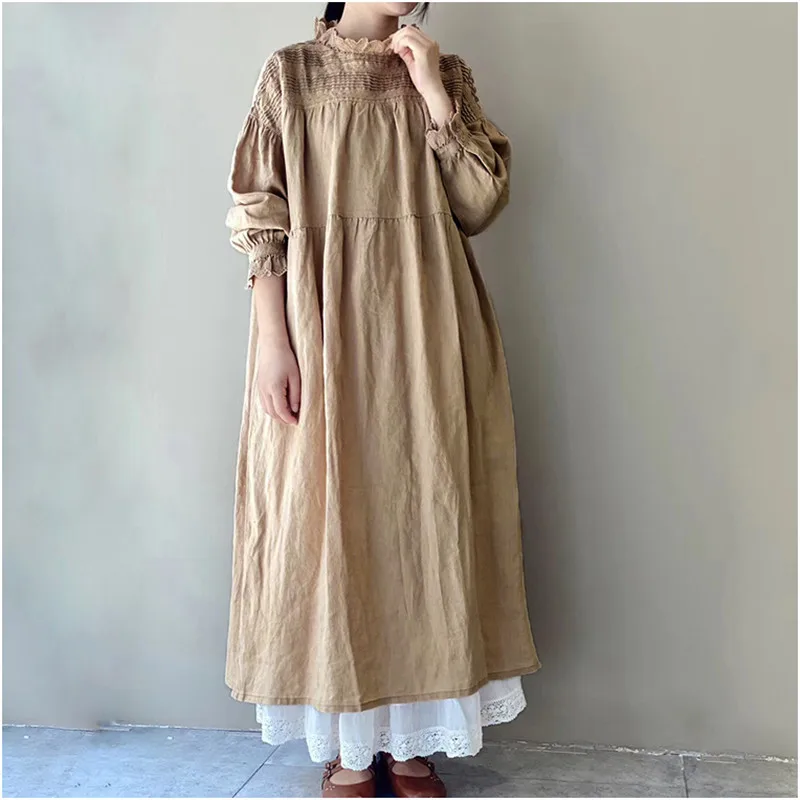 Johnature 2024 New Vintage Linen Ruffles Embroidery Women Dress Autumn Winter Japanese Solid Color Female Dresses