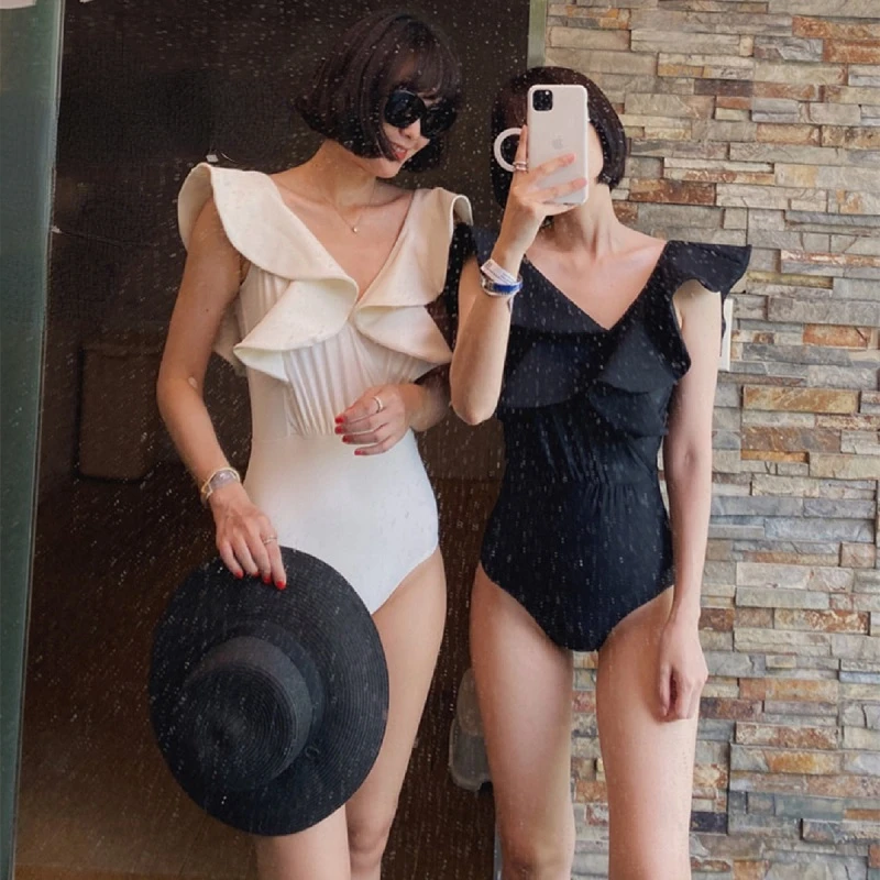 

Fashion Black Swimming Suits Backless Women One Piece Swimsuit Solid Sexy Ladies Swimwear Bodysuit Ruffled V Neck Bathing Suit