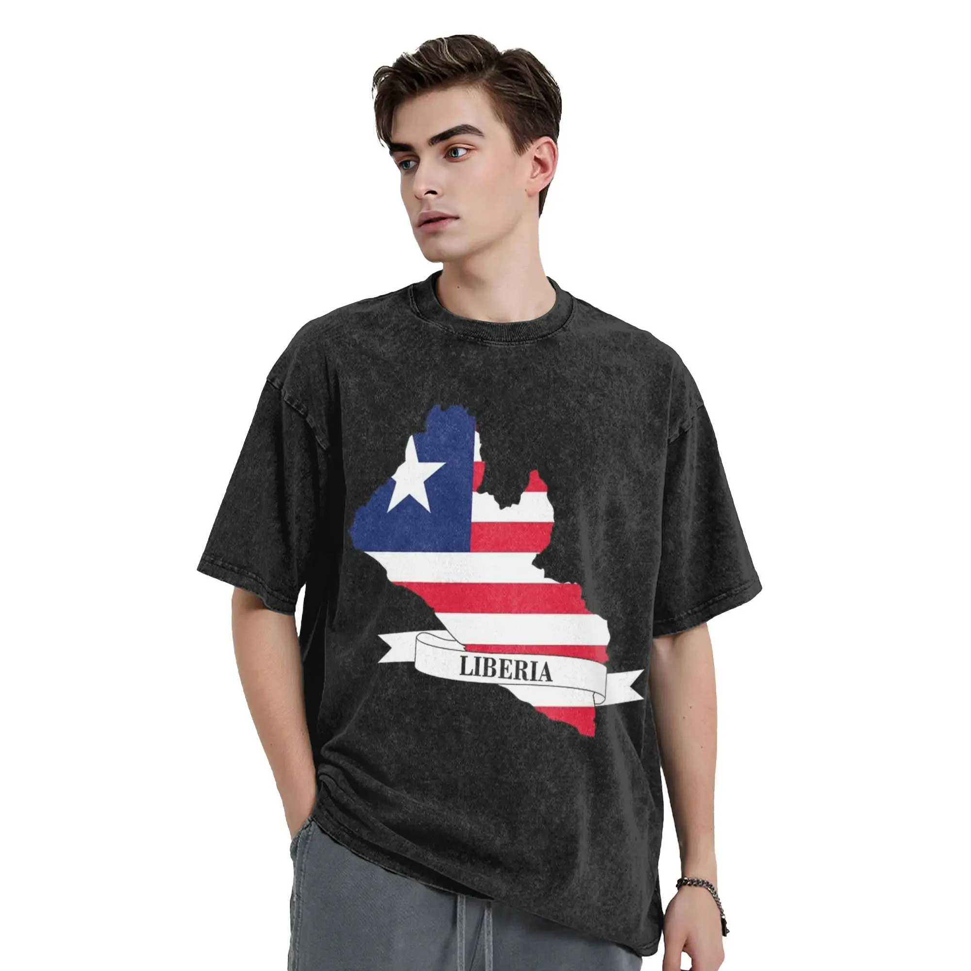 Flag Map of Liberia Washed T Shirts Streetwear Retro T-Shirt  Tees Men Women Short Sleeve Oversize Graphic