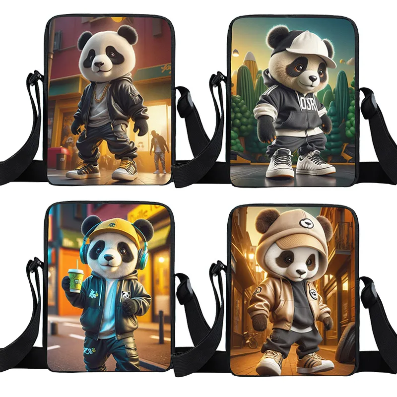 Hip Pop Panda Print Crossbody Bag Cool Panda Drinking Coffee Handbags for Travel Teenagers Phone Holder Storage Bag Gift