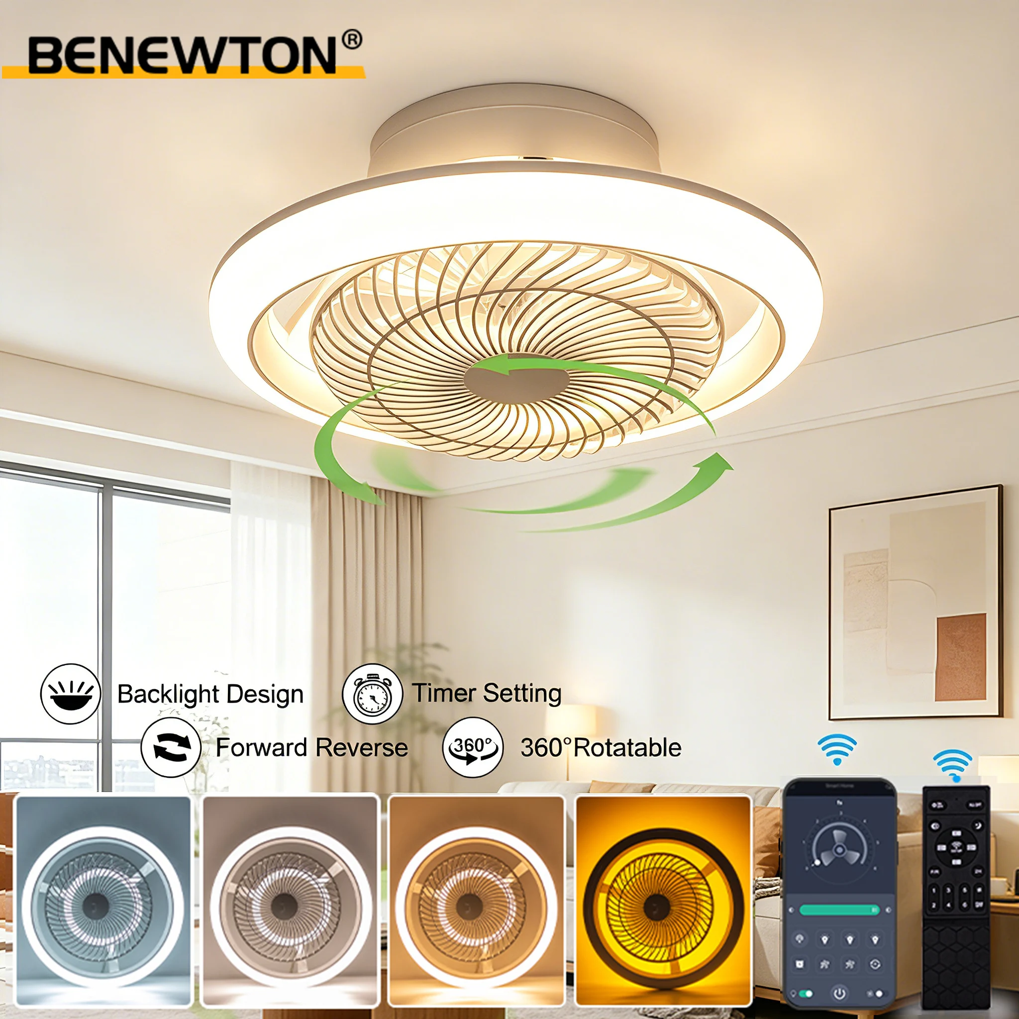 Smart Ceiling Fan with Light 360° Rotating APP and Remote Control 6 Wind Speeds Backlight Oscillating Fan Light for Living Room