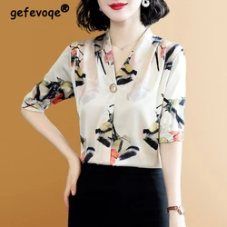 Women High Quality Satin Silk Floral Print Blouse Summer Stylish Vintage Elegant Shirts V Neck Short Sleeve Tops Blusas De Mujer