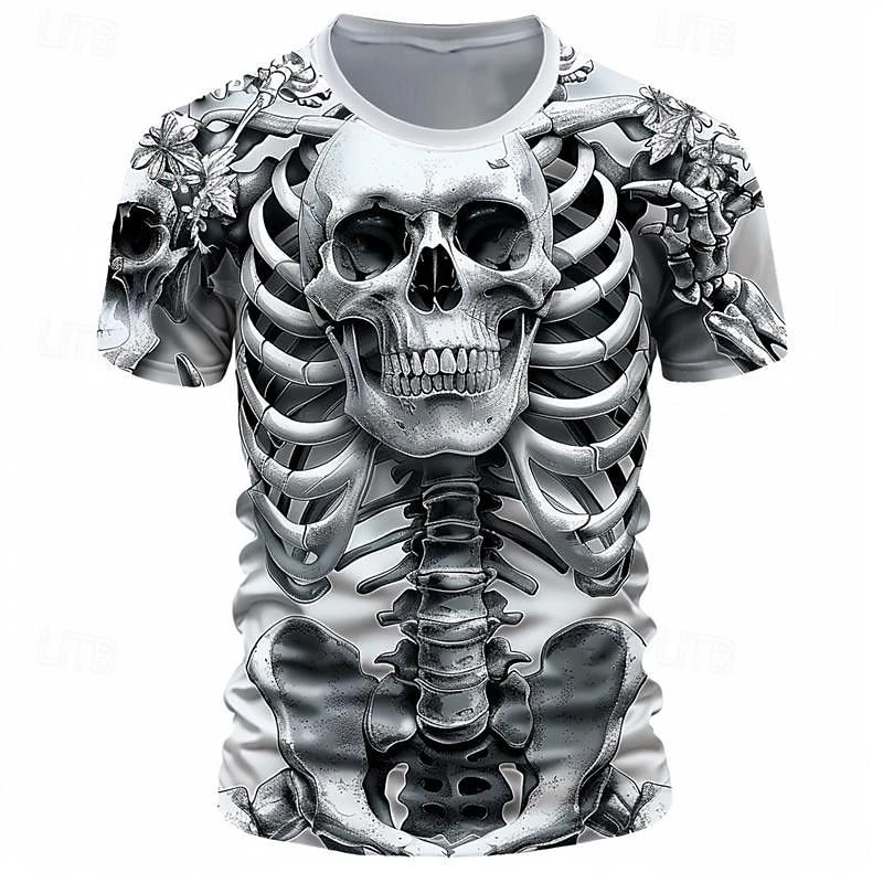 Herren Halloween 3D Skelett-Knochen Allover-Print Kurzarm Rundhals T-Shirt Festtags-Party Casual Top Herrenbekleidung – Detail 3
