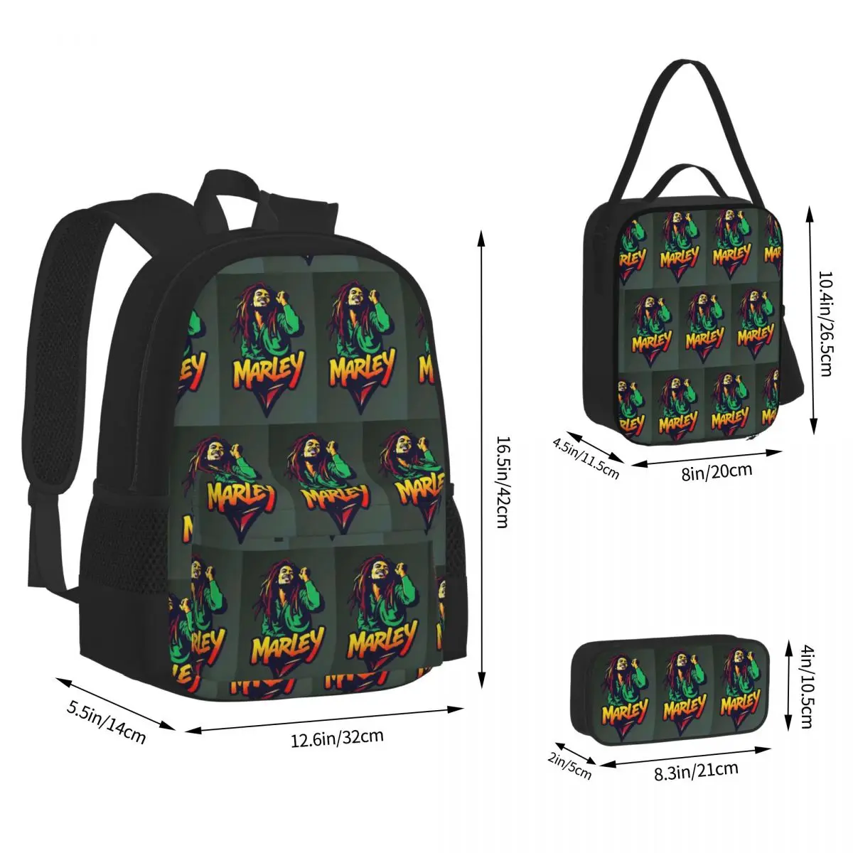 Bob Marley Reggae Backpacks Boys Girls Bookbag School Bags Rucksack Lunch Bag Pen Bag Three-Piece Set