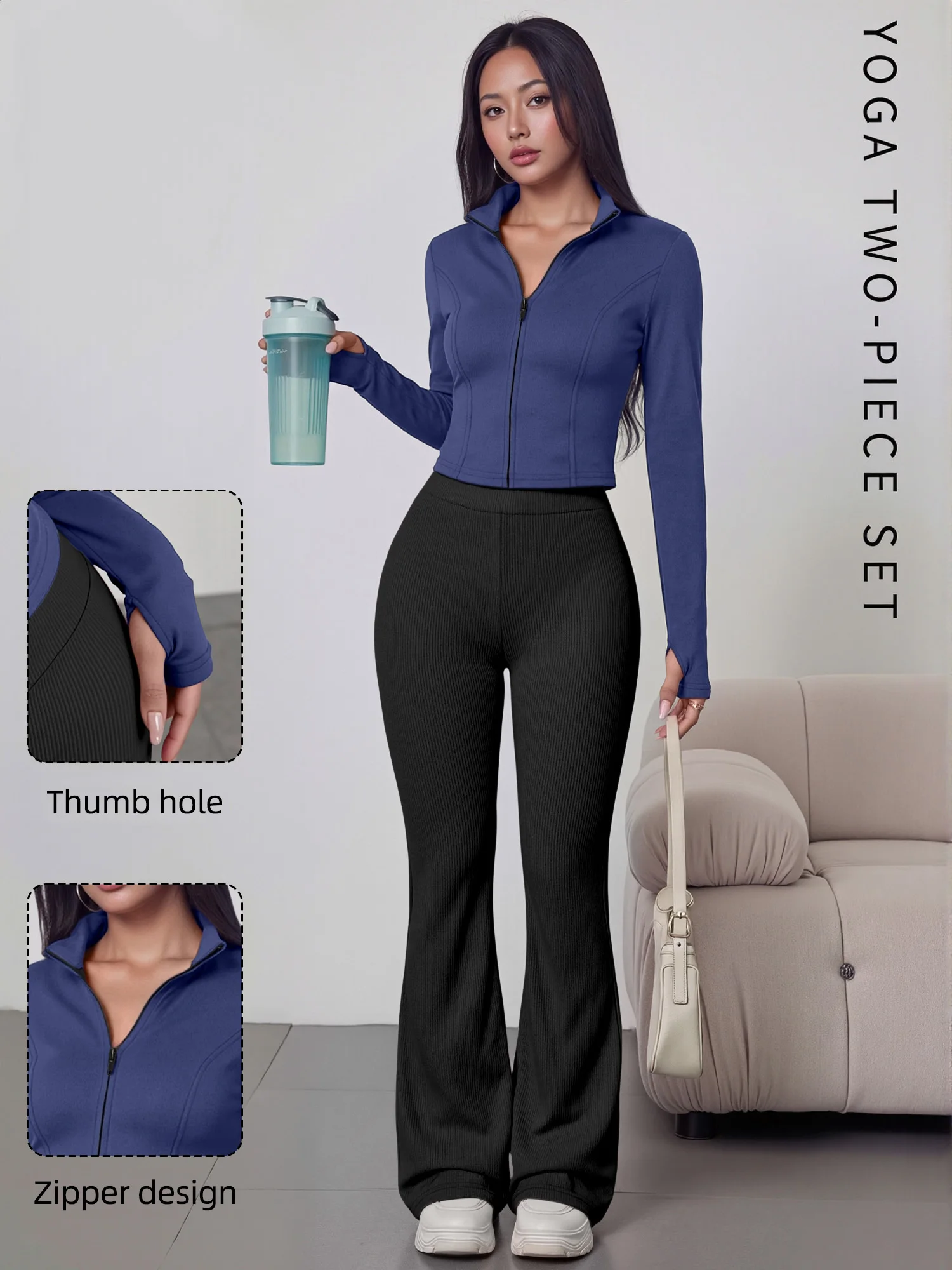 European American Women Ribbed Knit Two Piece Set, Long Sleeve Zip Top With High Waist Flare Pants, Casual Slim Daily Outfit