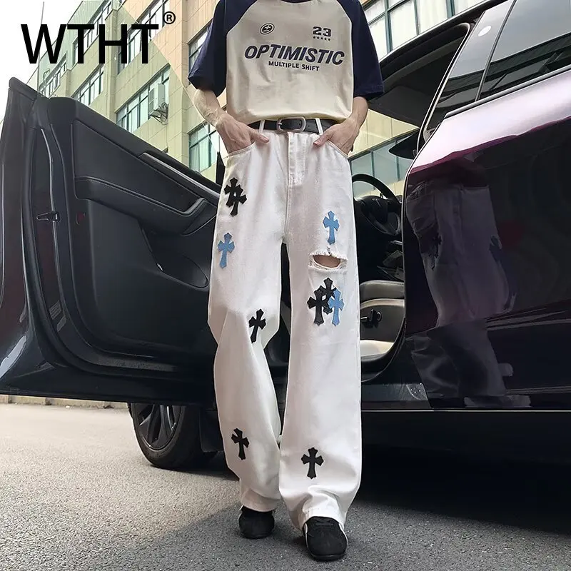 

Модные мужские джинсы WTHT с вышивкой и контрастными вставками, трендовые прямые джинсы для мужчин, лето 2026, стиль High Street, модель 2A2938