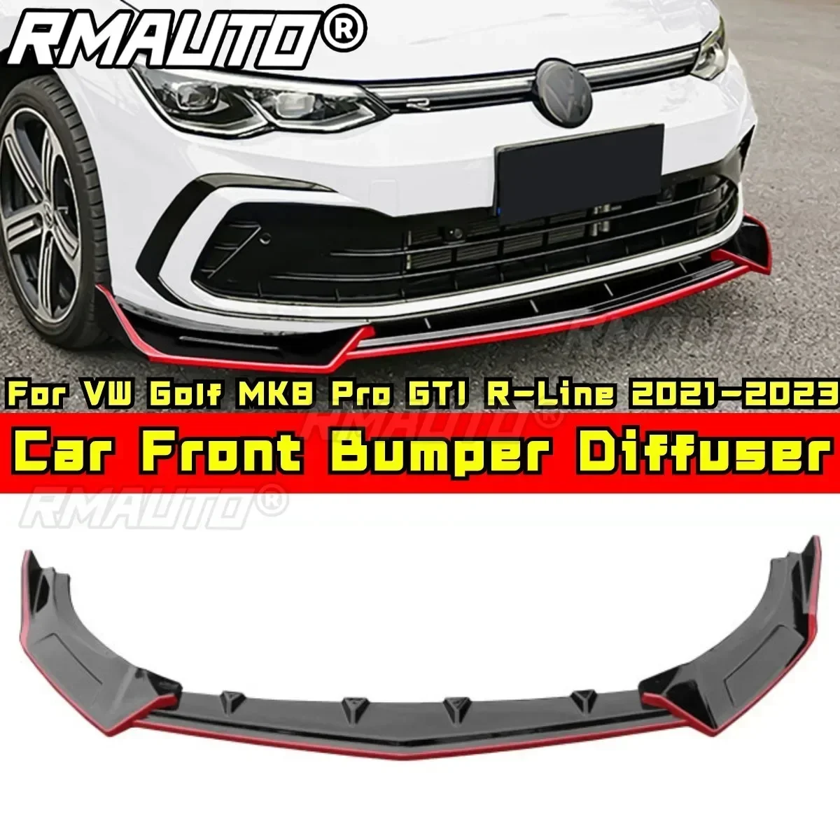 For VW Golf MK8 Pro GTI R-Line 2021-2023 Body Kit Front Bumper Apron Glossy Black Red Front Bumper Diffuser Car Accessories