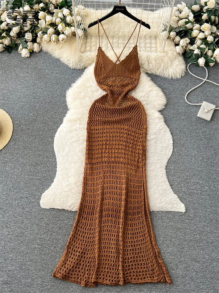 SINGREINY Backless Knit Long Dress Women Elegant Strap Vacation Fashion 2024 Hollow Out Ladies Summer Beach Summer Dresses